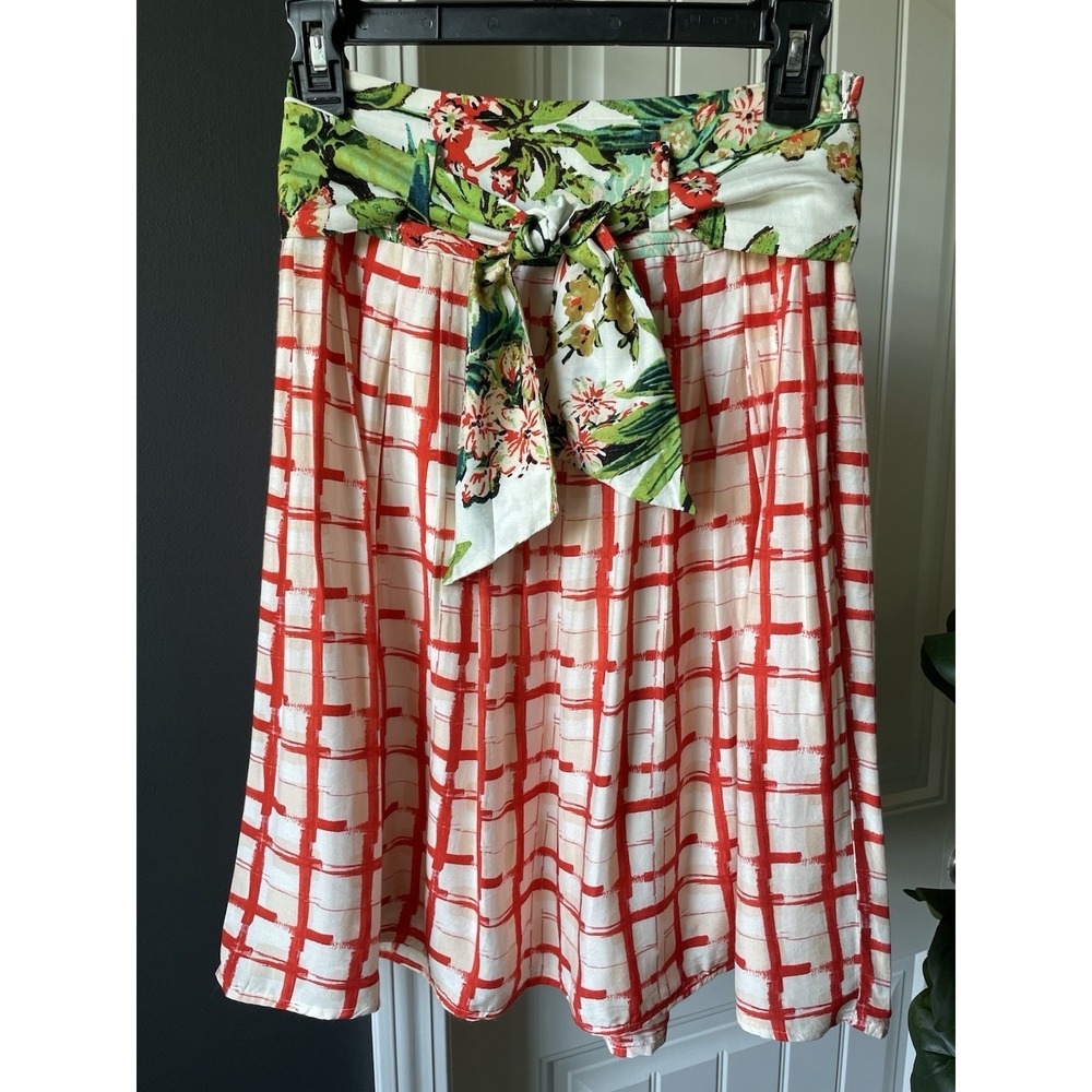 Anthropologie Maeve County Fair Skirt Red Plaid Floral Belt Silk Blend Size 0
